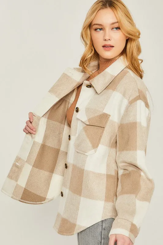 Woven Plaid Shacket - grey, khaki