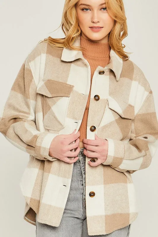 Woven Plaid Shacket - grey, khaki