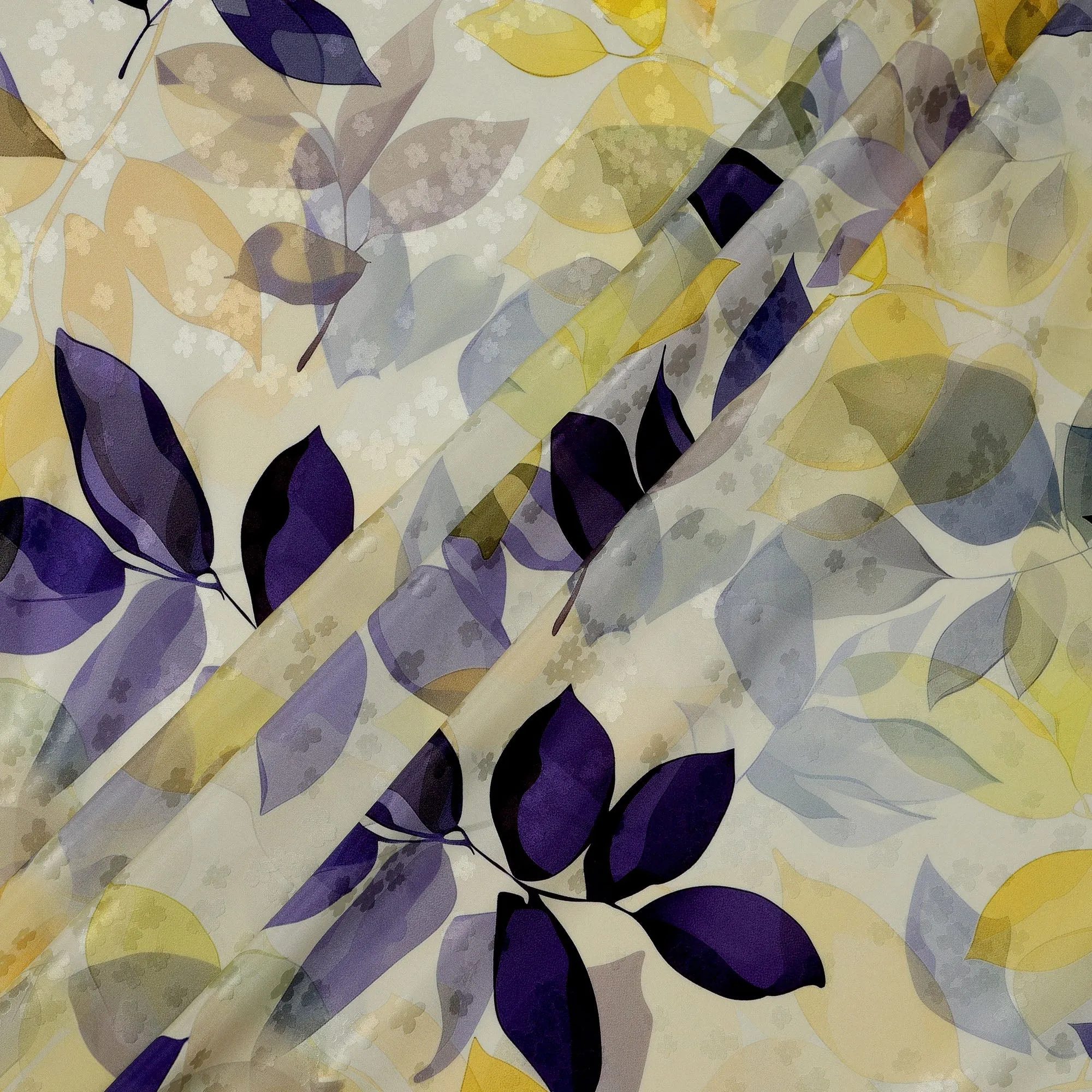 Yellow and Purple Leaf Print Pure Silk Satin Fabric, 140 cm Width, Made in Italy -D21158