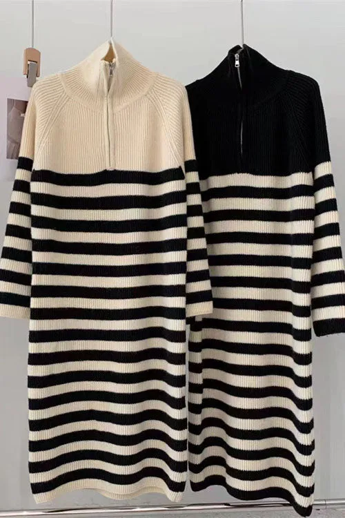 Zip half turtleneck contrast striped mid-length knitted dress